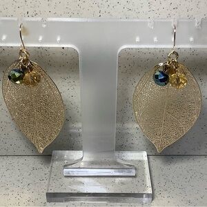 Gold Leaf Earrings with Multicolor Charms